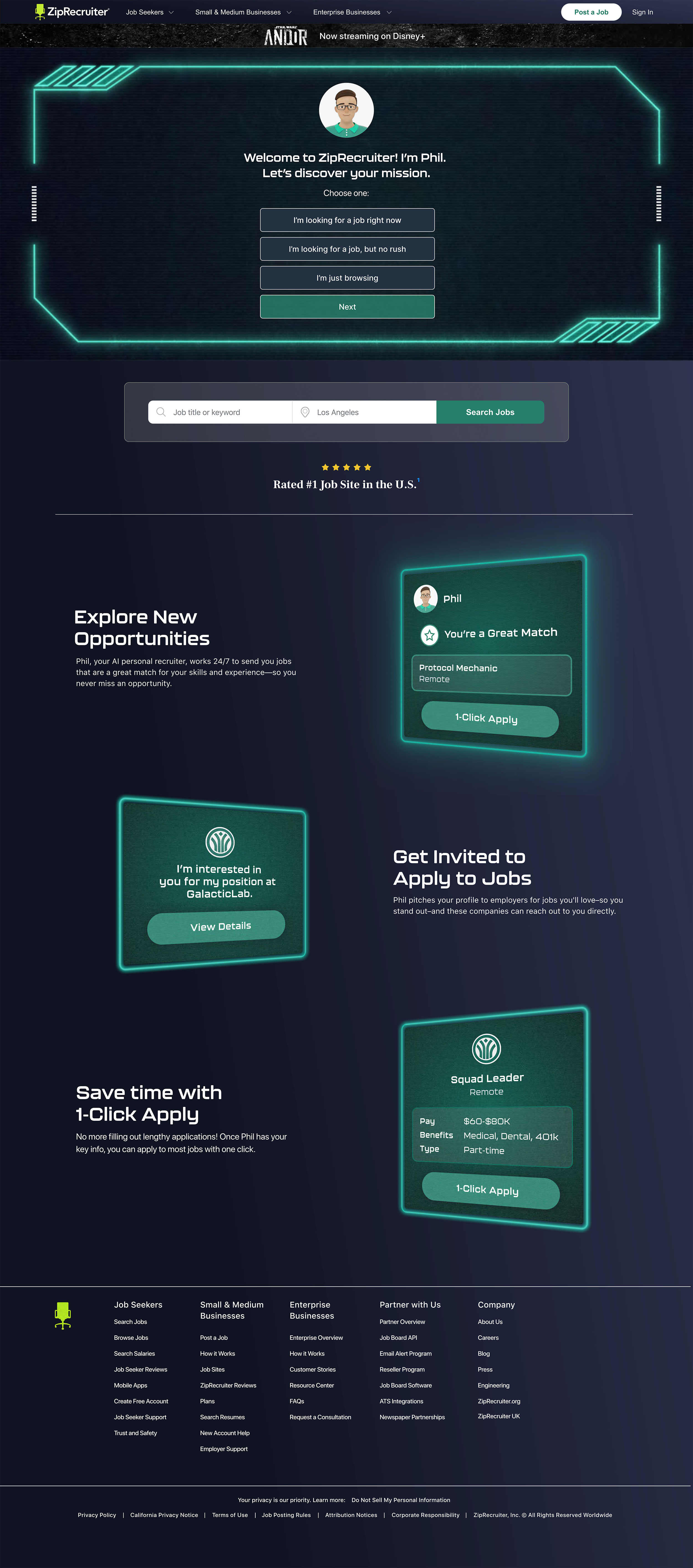 Star Wars: Andor x ZipRecruiter desktop landing page