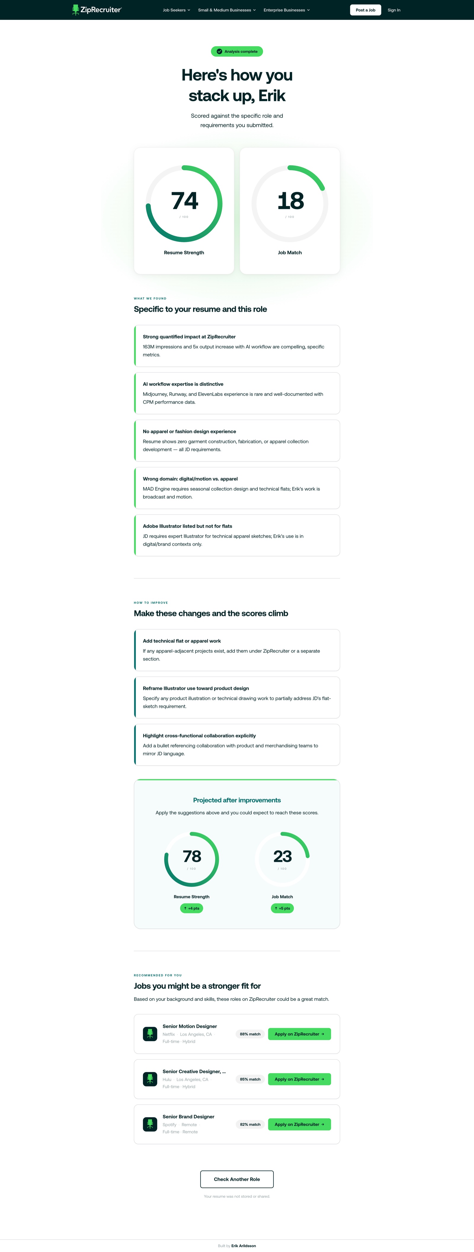 Application Checker fit report with scores and feedback