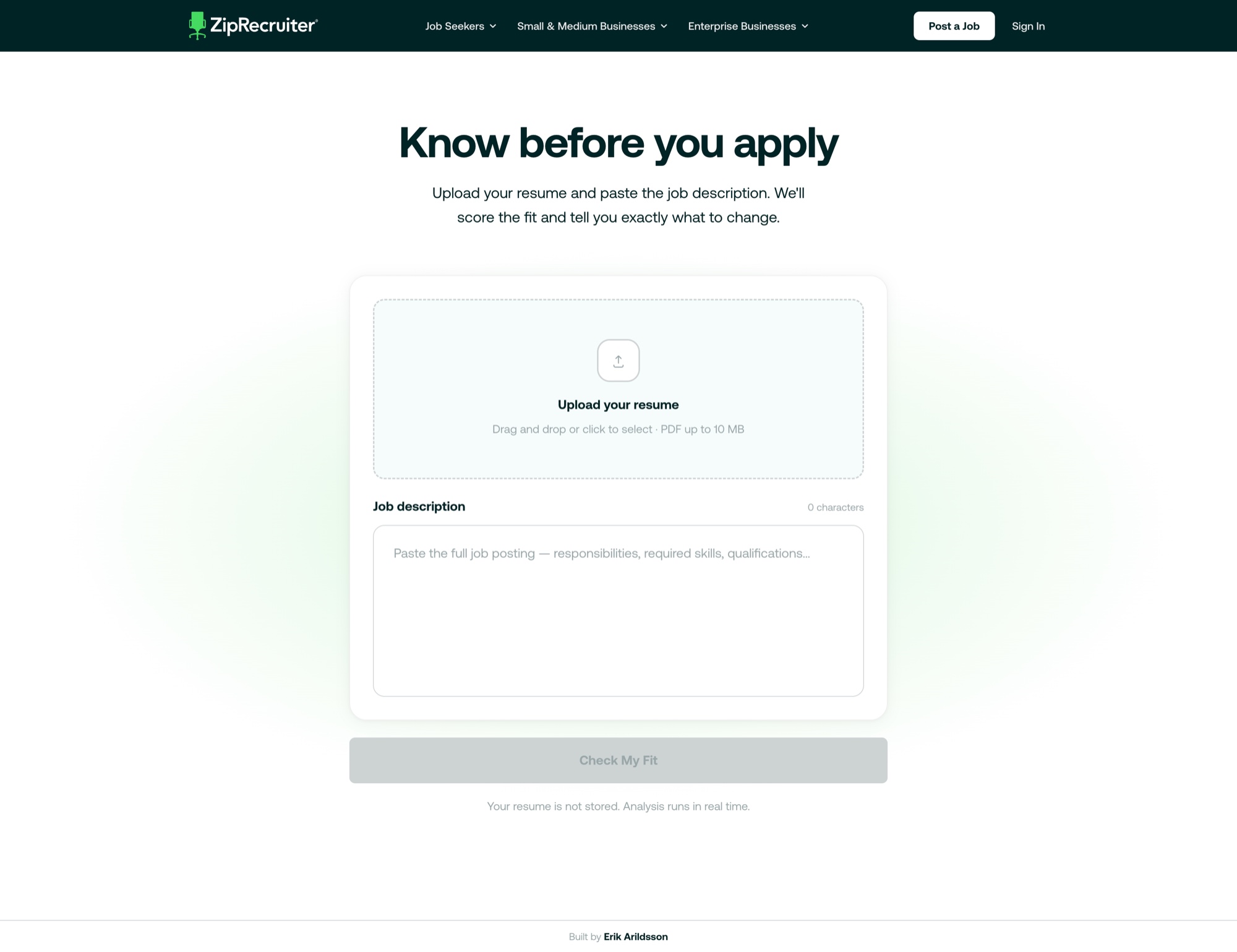 Application Checker resume upload and job description input