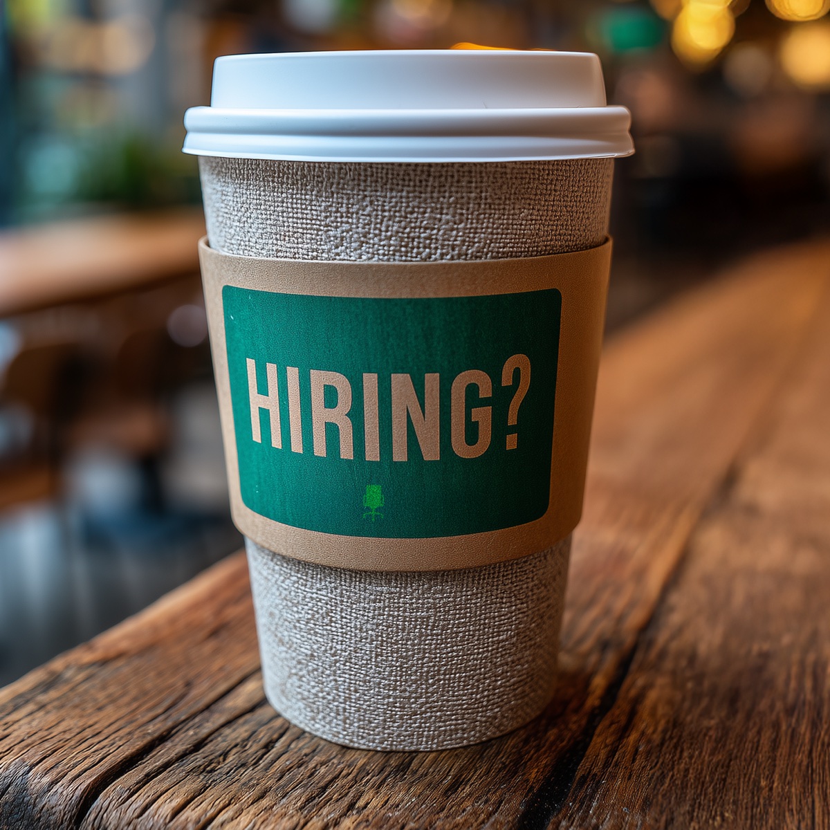 Sales coffee cup "Hiring?" ad