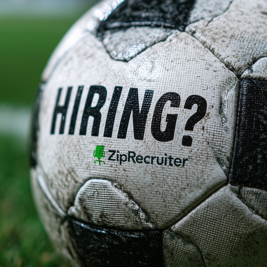 Soccer ball "Hiring?" ad