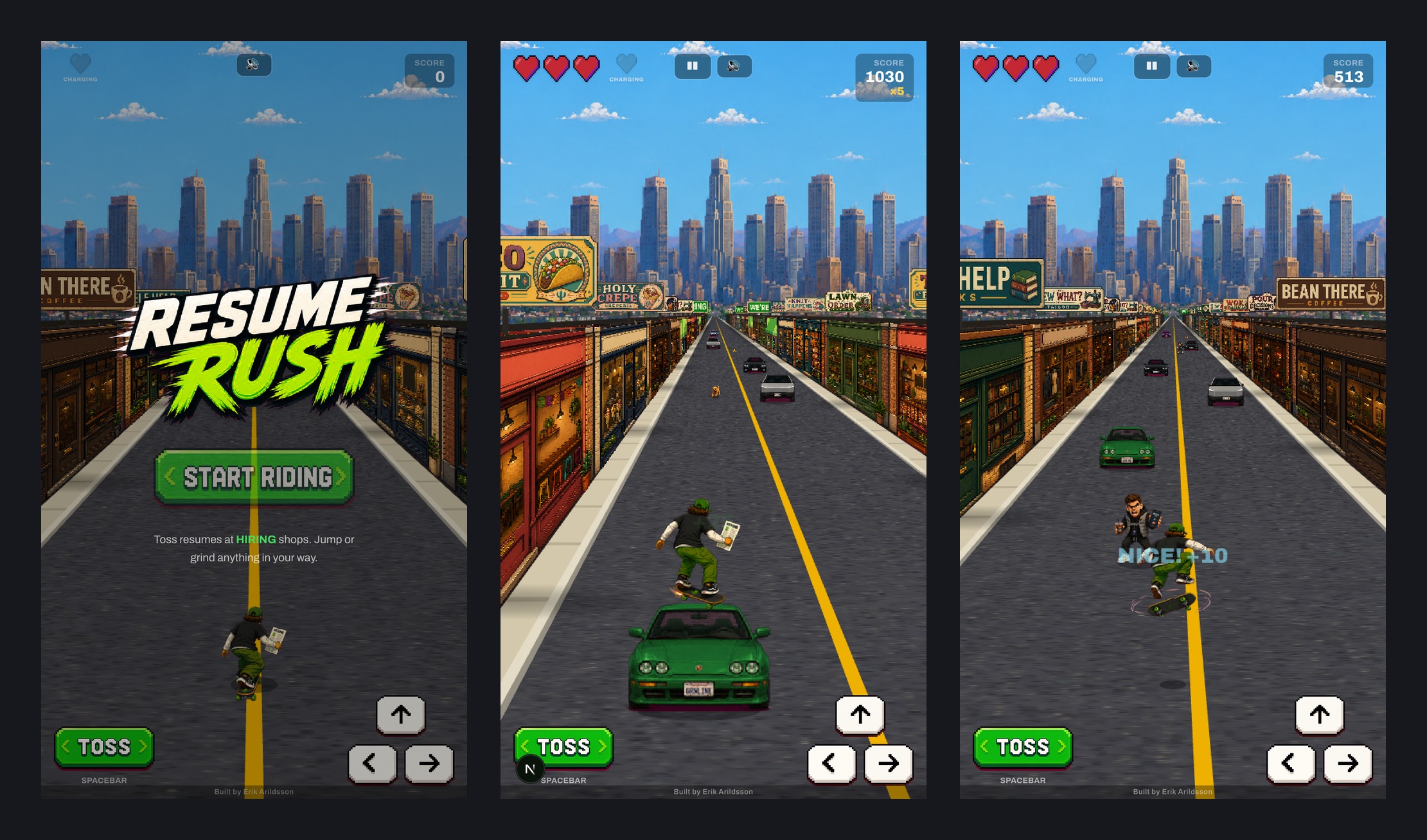 Resume Rush gameplay: start screen, grinding a car, dodging traffic