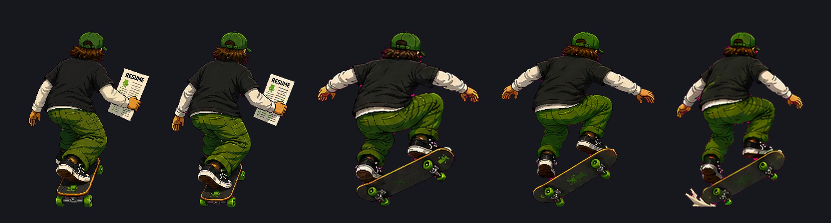 The player skater in different states, from riding to mid-ollie