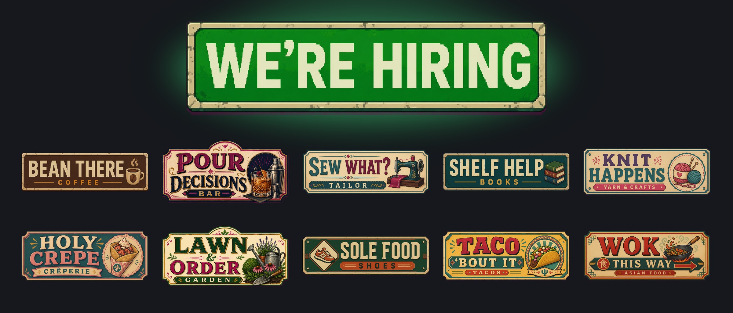Resume Rush shop signs, with the WE'RE HIRING target