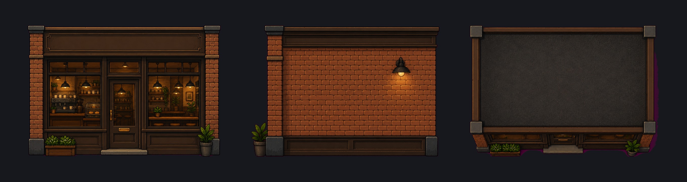 Storefront in three flat states: front, side, roof
