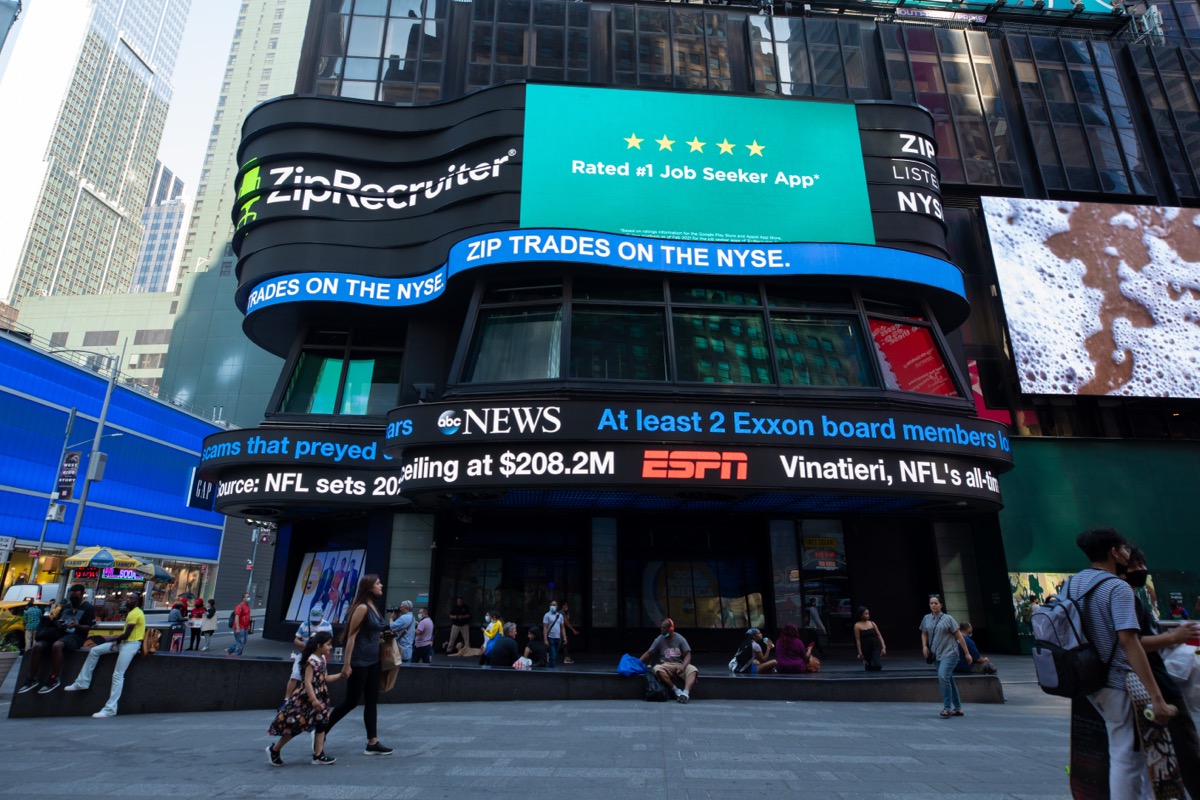 ZipRecruiter on the curved NYSE ticker building — ZIP trades on the NYSE