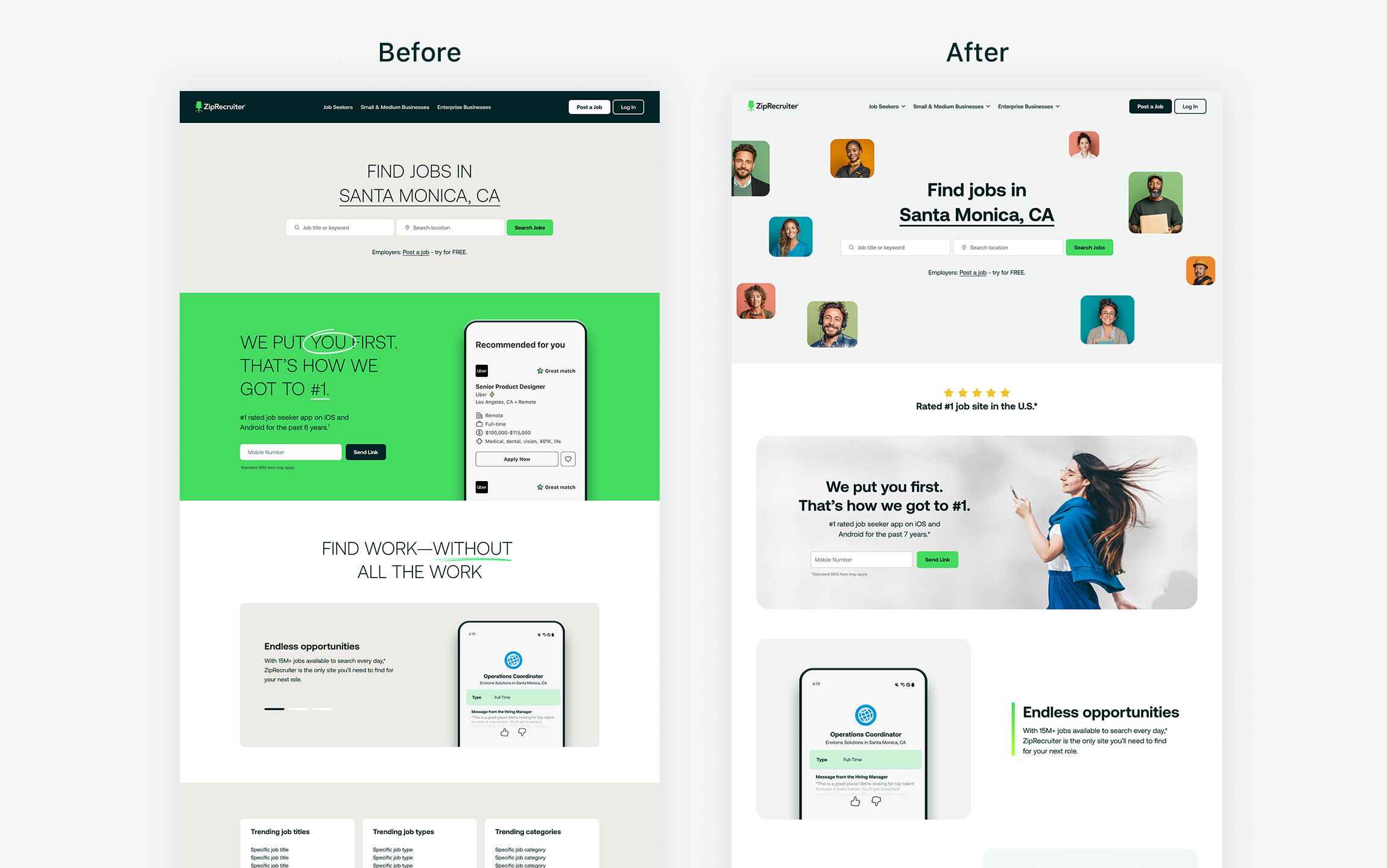 Job seeker homepage before and after