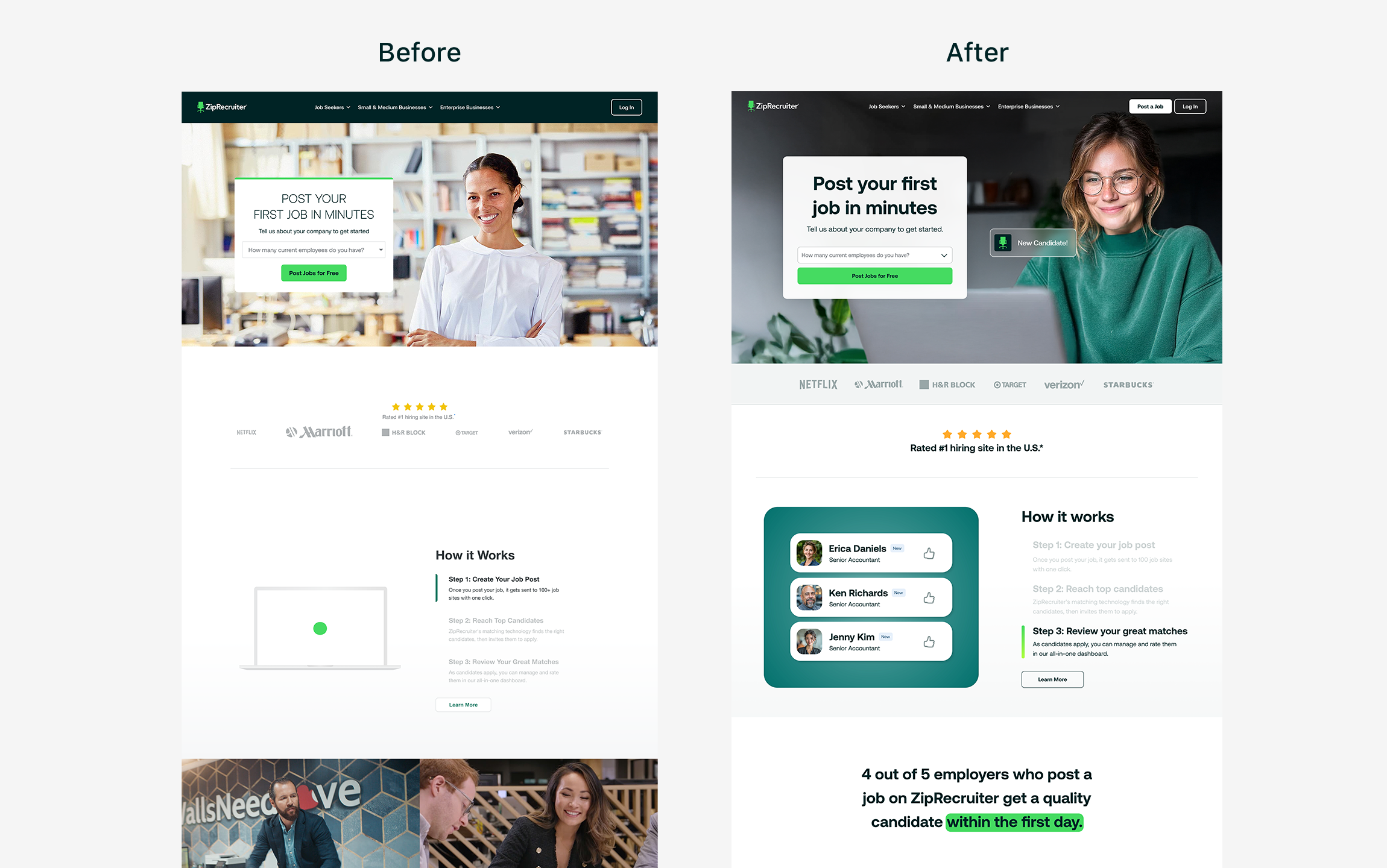 Employer homepage before and after